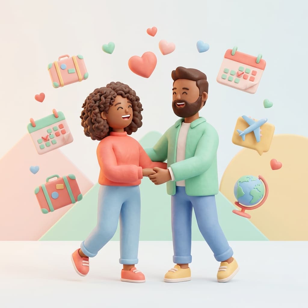 Happy couple planning dates and tracking relationship goals together on CoupleGrow app